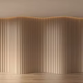 Modern Wooden Wall Paneling With Vertical Slats Curved Design And Lighting