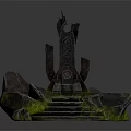 Ancient Carved Throne With Rocky Base Stone Steps And Green Moss