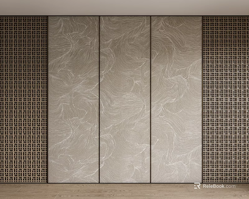Bed Backdrop Wall With Beige Textured Panel And Brown Lattice Sides 3d model 