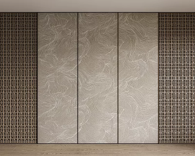 Bed Backdrop Wall With Beige Textured Panel And Brown Lattice Sides 3d model