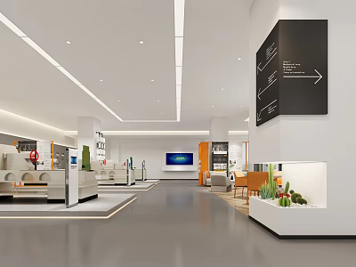 Modern Exhibition Hall Interior Featuring Display Areas Sofas Signage Green Plants And Lighting 3d model