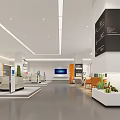 Modern Exhibition Hall Interior Featuring Display Areas Sofas Signage Green Plants And Lighting