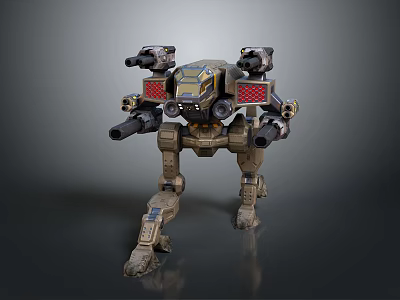 Futuristic Mech Robot With Metallic Armor Multiple Cannons Red Panels And Mechanical Legs 3d model