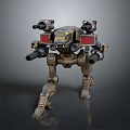 Futuristic Mech Robot With Metallic Armor Multiple Cannons Red Panels And Mechanical Legs
