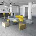 Modern Casual Lounge Area With Yellow Gray Curved Sofa Small Coffee Tables And Potted Plants