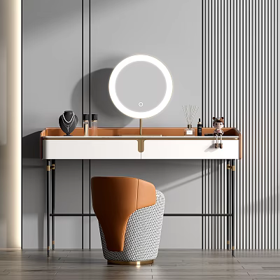 Modern Dressing Table With LED Round Mirror Wooden Top Decorative Items And Brown Chair 3d model