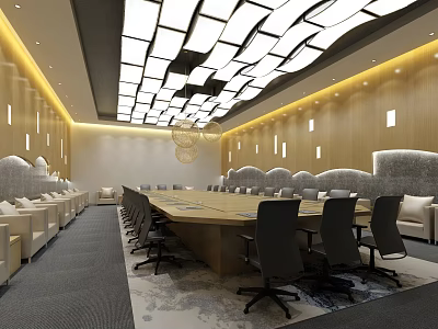 Modern Conference Room Interior With Long Wooden Table Black Chairs And Ceiling Lighting 3d model