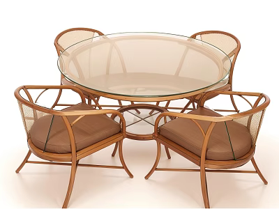 Four Rattan Leisure Chairs With Round Glass Top Table For Outdoor Casual Seating Set 3d model