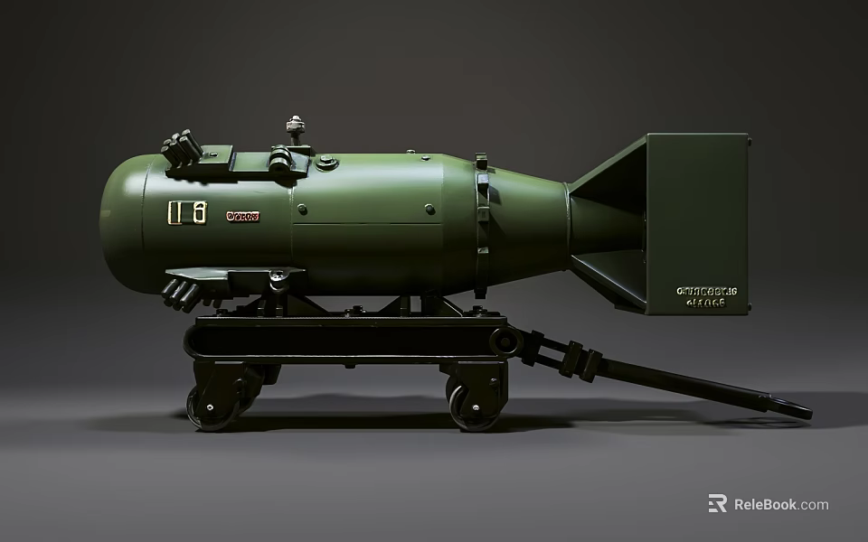 Green Military Bomb Device Mounted On Wheeled Cart With Mechanical Components And Structure 3d model 