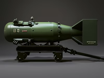 Green Military Bomb Device Mounted On Wheeled Cart With Mechanical Components And Structure 3d model