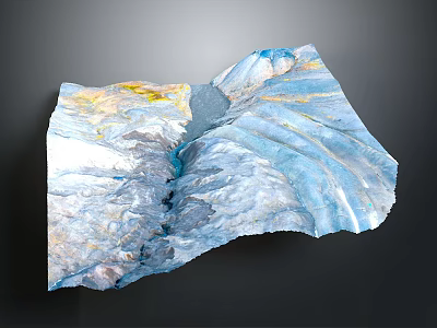 Detailed Mountainous Terrain Model With Blue White Layers And Yellow Flowing Ridges 3d model