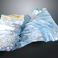 Detailed Mountainous Terrain Model With Blue White Layers And Yellow Flowing Ridges