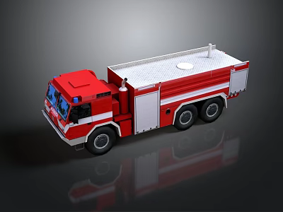 Red and white fire truck with water tank multiple wheels and white stripes 3d model