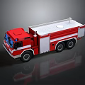Red and white fire truck with water tank multiple wheels and white stripes