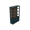 Stylish Green Bookcase Design With Glass Doors Wooden Shelves And Geometric Cabinet Base