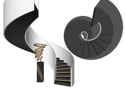 Modern Spiral Staircase Design With Curved Metal Frame And Wooden Steps Structure 3d model