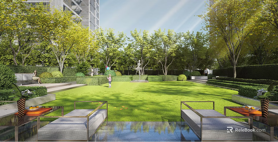 Garden Landscape With Lush Green Lawn Tall Trees Outdoor Seats And Building Background 3d model 