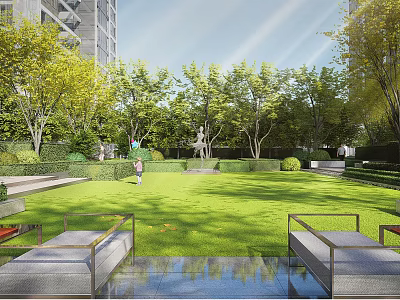 Garden Landscape With Lush Green Lawn Tall Trees Outdoor Seats And Building Background 3d model