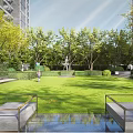 Garden Landscape With Lush Green Lawn Tall Trees Outdoor Seats And Building Background
