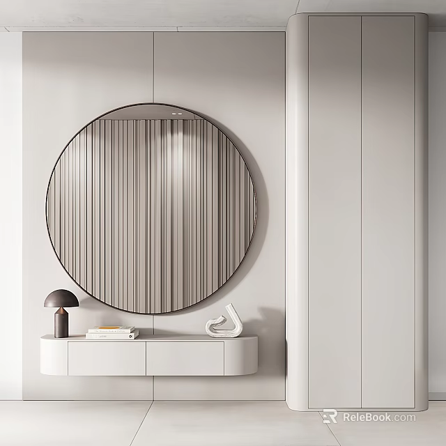 Minimalist White Dressing Table With Round Striped Mirror Table Lamp Books And Decorative Accent 3d model 