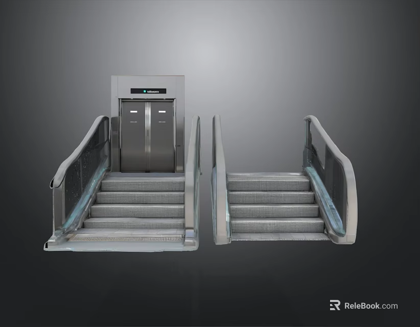 Modern Commercial Elevator With Two Escalators In Public Building Interior Design 3d model