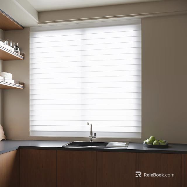White Window Blinds In Modern Kitchen Interior With Sink And Wooden Cabinets 3d model 