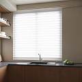 White Window Blinds In Modern Kitchen Interior With Sink And Wooden Cabinets