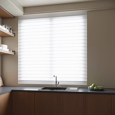White Window Blinds In Modern Kitchen Interior With Sink And Wooden Cabinets 3d model