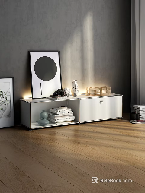 Modern TV Stand with LED Lights Books Decorative Items and Artwork on Wooden Floor 3d model 