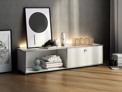 Modern TV Stand with LED Lights Books Decorative Items and Artwork on Wooden Floor 3d model