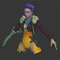 3D Fantasy Character With Purple Hair Fur Collar Metal Arm Guards And Outstretched Pose