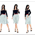 Woman In Off Shoulder Blue Top White Polka Dot Skirt Red Belt Black High Heels