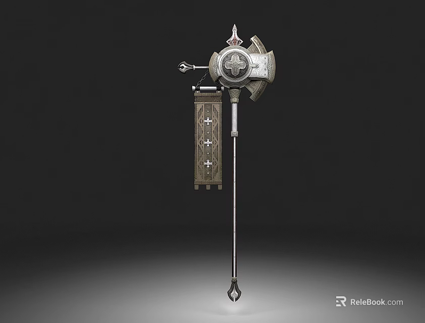 Ancient Mechanical Weapon With Metal Structure Long Handle And Intricate Decorative Symbols 3d model 