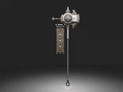 Ancient Mechanical Weapon With Metal Structure Long Handle And Intricate Decorative Symbols 3d model