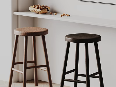 Two Wooden Bar Stools Brown And Black In Modern Kitchen Counter Interior Design 3d model