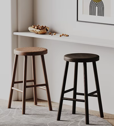 Two Wooden Bar Stools Brown And Black In Modern Kitchen Counter Interior Design 3d model