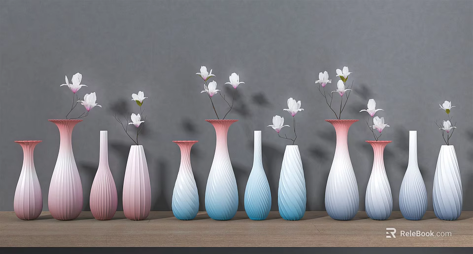 Pastel Colored Slender Vases With White Flowers On Wooden Shelf Gray Background 3d model 