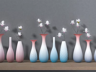 Pastel Colored Slender Vases With White Flowers On Wooden Shelf Gray Background 3d model