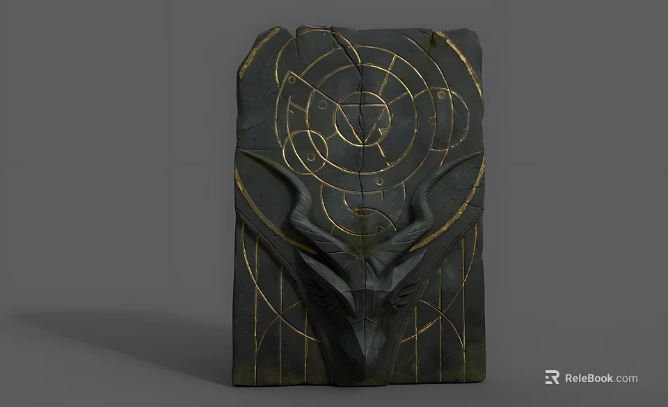 Intricate Black Stone Sculpture with Golden Geometric Lines and Detailed Antelope Head Carving 3d model 