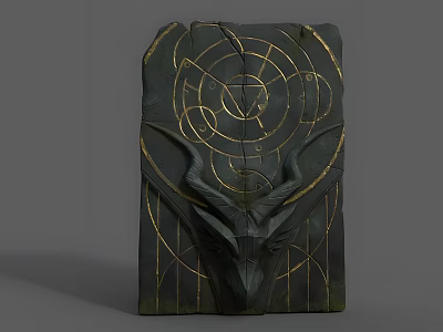 Intricate Black Stone Sculpture with Golden Geometric Lines and Detailed Antelope Head Carving 3d model