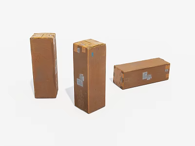 Three Brown Cardboard Packaging Boxes With Labels In Different Sizes 3d model