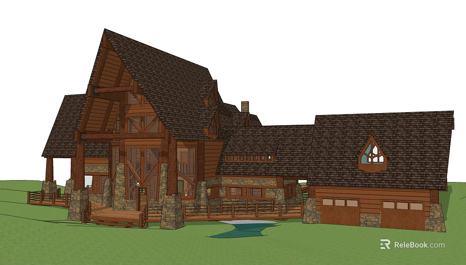 Rustic Log Cabin Detached Villa With Dark Roof Steps Water Feature And Fence 3d model 