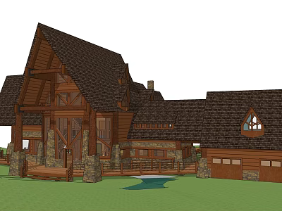 Rustic Log Cabin Detached Villa With Dark Roof Steps Water Feature And Fence 3d model