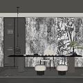 Modern Tea Room Interior Featuring Long Black Table White Chairs Wall Art And Display Cabinet