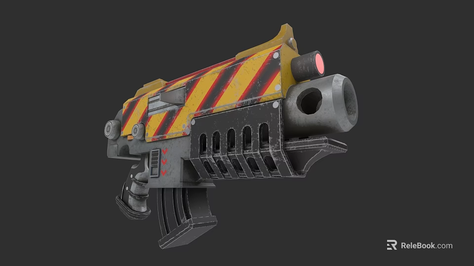 Futuristic Sci Fi Weapon with Yellow Black Stripes Red Indicator and Mechanical Barrel 3d model
