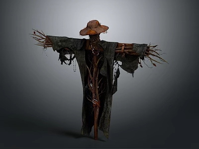 Scarecrow Figure With Brown Hat Tattered Clothes And Twig Arm Structure 3d model