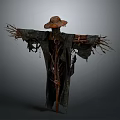 Scarecrow Figure With Brown Hat Tattered Clothes And Twig Arm Structure