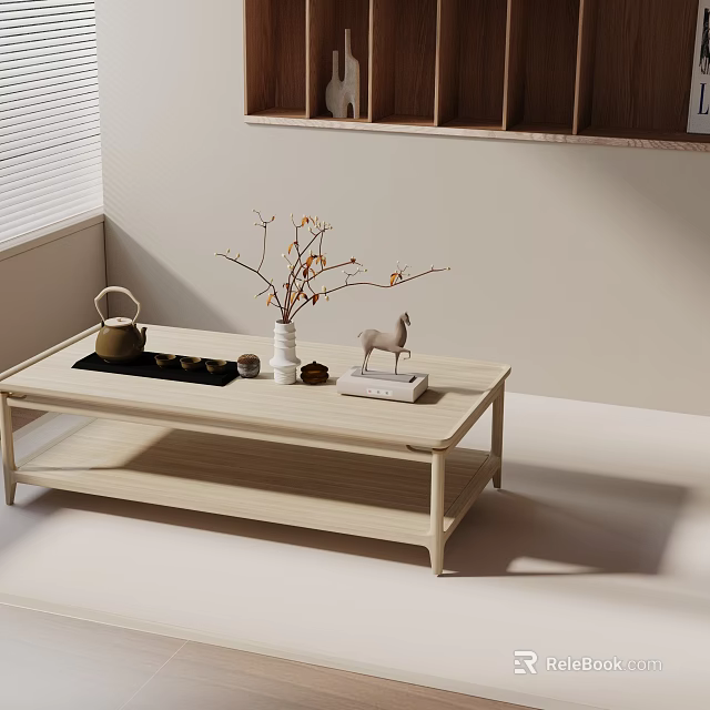 Light Wood Minimalist Sofa Coffee Table Set With Tea Set Vase And Decorative Horse Figurine 3d model 