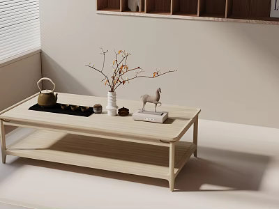 Light Wood Minimalist Sofa Coffee Table Set With Tea Set Vase And Decorative Horse Figurine 3d model