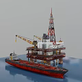 Large Offshore Oil Drilling Platform With Yellow Crane Tower And Support Ship